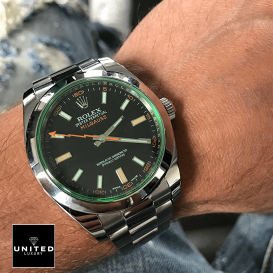 Rolex Milgauss M116400GV Green Crystal Stainless Steel Oyster Replica on his arm
