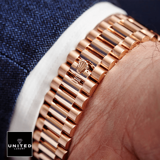 Rolex Rhodium gold jubilee replica rolex logo and on the wrist