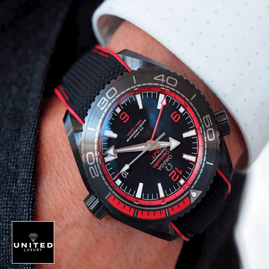 Omega Seamaster GMT Black Dial Red Bezel Replica on the wrist