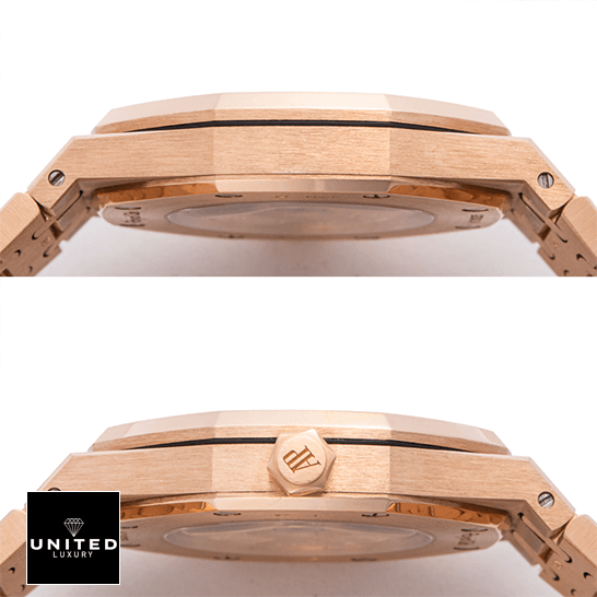 Audemars Piguet Royal Oak 15400OR.OO.1220OR.03 Super Clone Edition Audemars Piguet Royal Oak Gold Replica crown side view white background