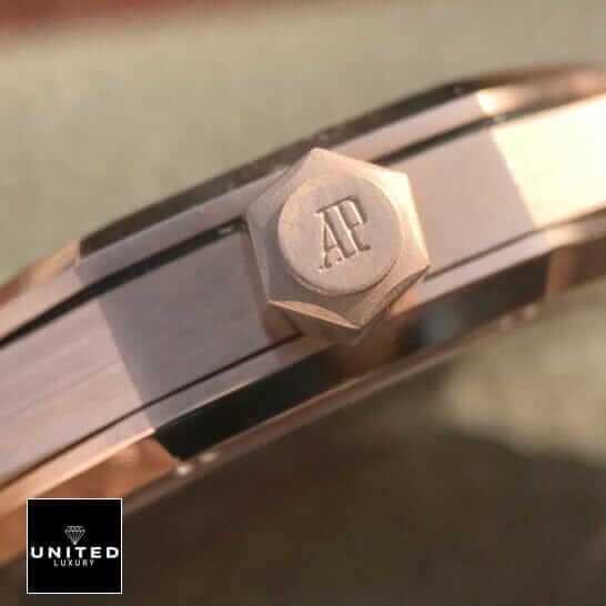 Audemars Piguet Royal Oak 15407ST.OO.1220ST.01 Audemars Piguet Royal Oak Rose Gold Case Replica crown on the ap logo