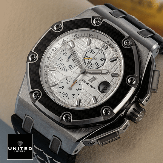 Audemars Piguet Royal Oak Offshore 26030IO.OO.D001IN.01 Ap Royal Oak 26030IO.OO_.D001IN.01 White Dial Replica on the cream stand