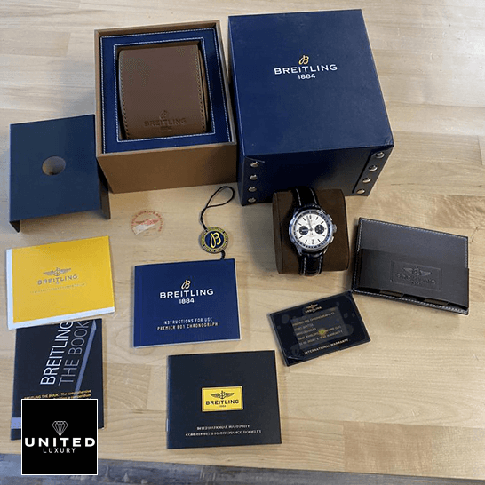 Breitling Premier Chronograph AB0118221G1P1 Breitling AB0118221G1P1 White Dial Replica next to box