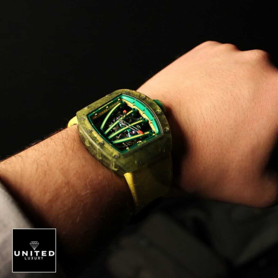 Richard Mille RM 59-01 Richard Mille Tourbillion Green Bezel Replica on the man wrist
