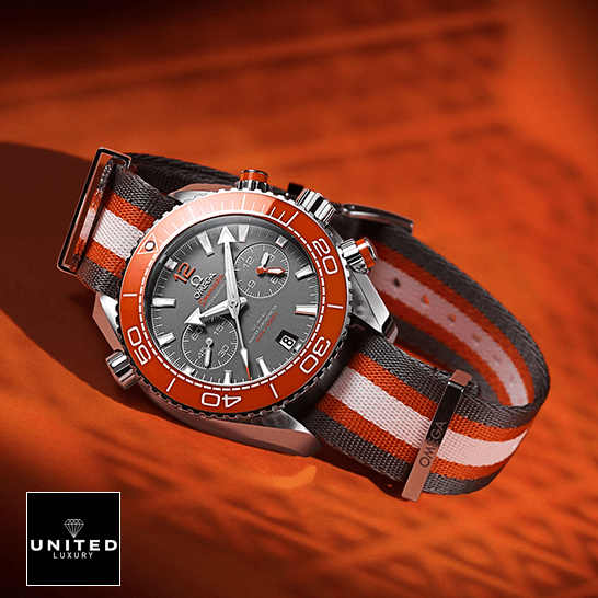 Omega Seamaster Planet Ocean 215.32.46.51.99.001 Omega Seamaster Orange Bezel Grey Dial Replica orange background