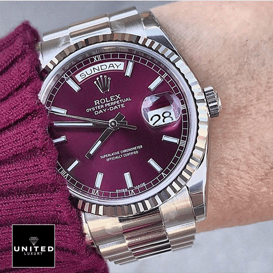 Rolex Day-Date 118239 Rolex day-date purple stainless steel replica on the wrist
