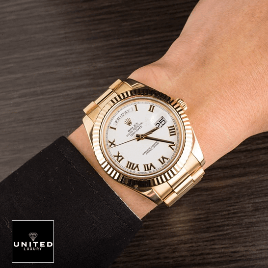 Rolex Day-Date 218238-0037 Precision Clone Edition rolex day date 218238 0037 replica wrist Rolex Day-Date II 218238-0037 Replica on his arm