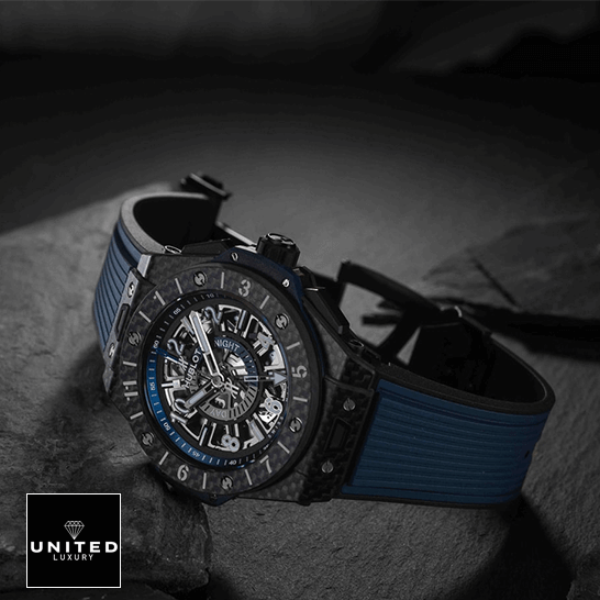 Hublot Big Bang Unico Hublot Blue Rubber Bracelet Carbon Case Replica opened clasp