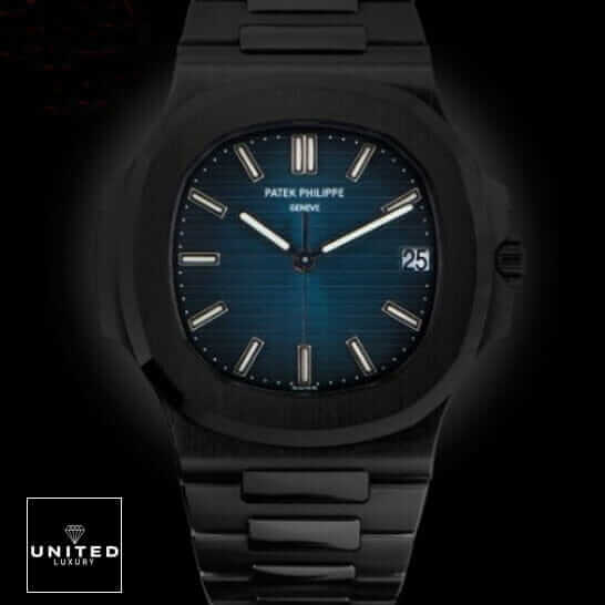Patek Philippe Nautilus 5711/1A-010 Patek Philippe Nautilus Blue Dial Front View Replica black background