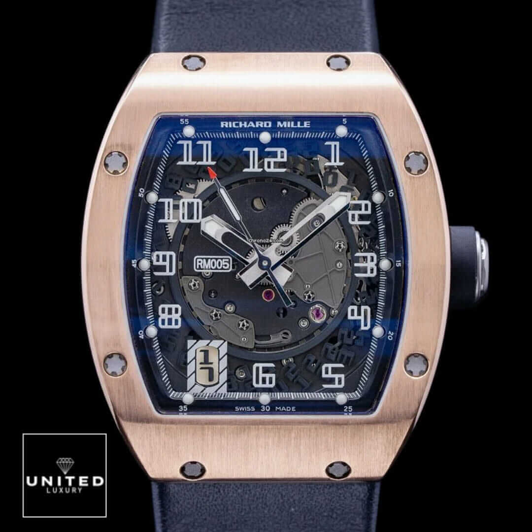 Richard Mille RM 005 Richard Mille Gold Rose Bezel Rubber Black Bracelet Replica black background