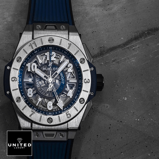 Hublot Big Bang Unico Hublot Big Bang Unico GMT 3 Blue Replica grey background