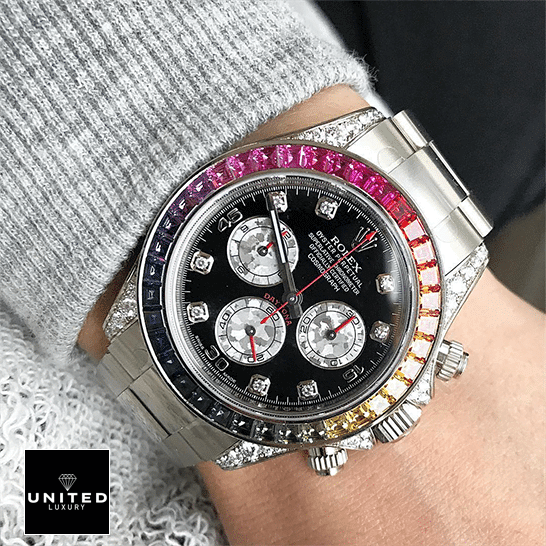 Rolex Cosmograph Daytona 116599RBOW Rolex Daytona White Gold Diamond Set Custom Case 116599RBOW Replica on his arm