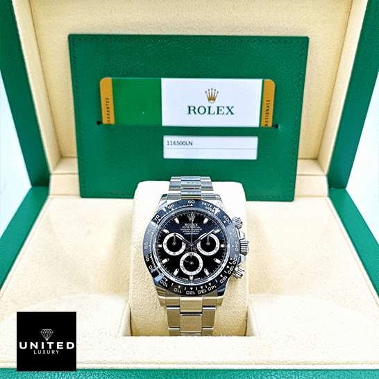 Rolex Daytona Cosmograph 116520 Rolex Daytona 116500ln-0002 Stainless Steel Oyster Replica & Guarantee Card in the Green Rolex Box