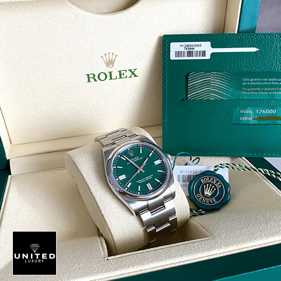Rolex Datejust 126000 Oyster Perpetual Rolex Oyster Perpetual 126000 Green Dial Replica & Guarantee Card in the Rolex Box