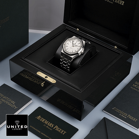 Audemars Piguet Royal Oak 15403IP.OO.1220IP.01 Audemars Piguet Royal Oak White Dial Replica in the box next to warranty card