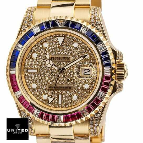 Rolex GMT-Master II 116758 SARU Rolex GMT Master II 116758 SARU Yellow Gold Diamonds Dial Iced Out Replica