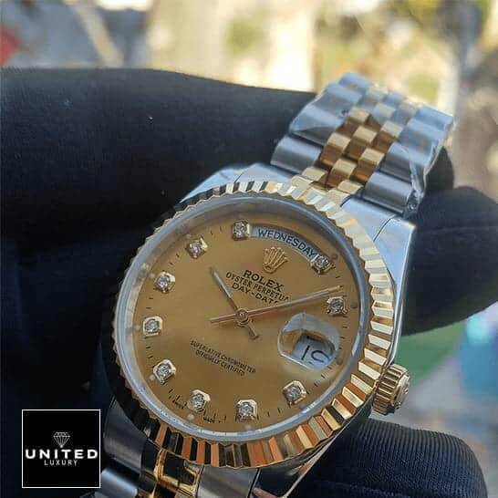 Rolex Day-Date 128238 MOP Gold Bezel Replica on the hand
