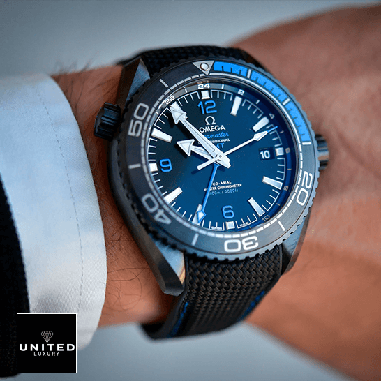 Omega Seamaster Planet Ocean Blue Ceramic Ref. 232.30.42.21.03.001 Ultra Clone 1:1 omega seamaster planet ocean ceramic 215 92 46 22 01 002 black dial replica hand Omega Seamaster 215_92_46_22_01_002 Planet Ocean Blue Dial Replica on the wrist
