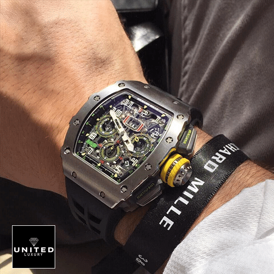 Richard Mille RM 011-03 Titanium Chronograph Top Grade Clone 1:1 richard mille rm 011 03 titane flyback Richard Mille RM Black Rubber Bracelet Replica on the wrist
