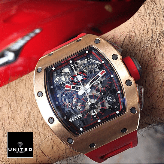 Richard Mille RM 011 Richard Mille RM011 Red Demon Black Dial Gold Bezel Replica on the man wrist