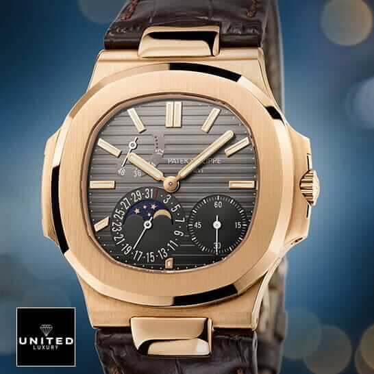 Patek Philippe Nautilus Black Dial Leather Bracelet Replica blue background