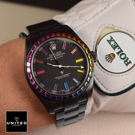 Rolex Milgauss 116400GV Rolex Milgauss 116400 Rainbow Gem-Set Bezel Replica on his arm