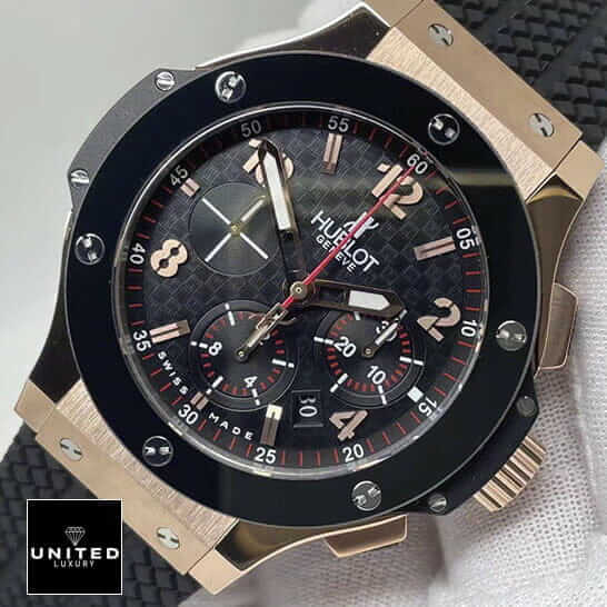 Hublot Big Bang Original 301.PB.131.RX Hublot Big Bang Black Dial Gold Case Replica red second hand white background