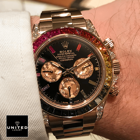 Rolex Daytona Cosmograph Rainbow Bezel Black Dial 116519 Oyster Replica on his hands