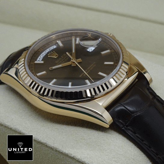 Rolex Day-Date 118139-0004 V5 Stainless Steel Case Black Leather Brecelet Replica