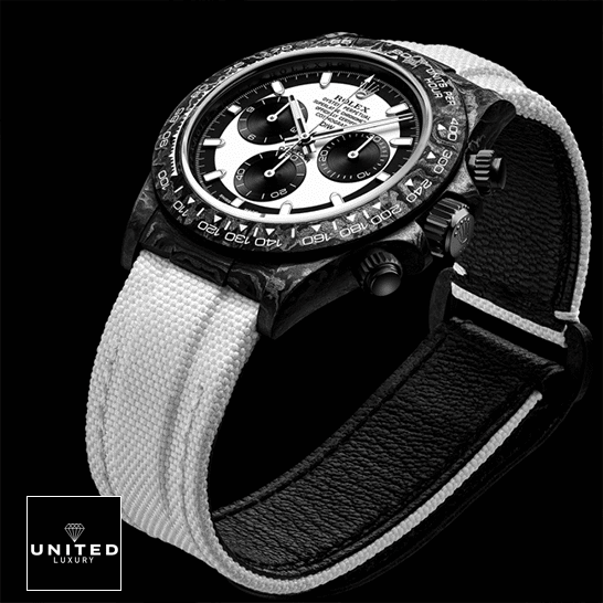 Rolex Cosmograph Daytona Rolex Daytona Carbon Cream Textile Bracelet White Dial Replica Black Background