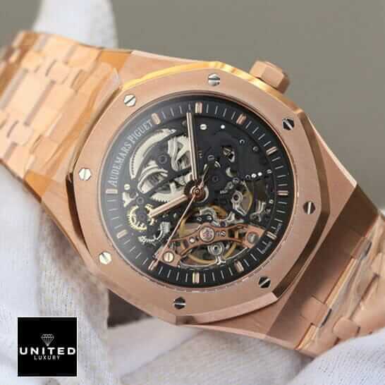 Audemars Piguet Royal Oak 15407ST.OO.1220ST.01 Audemars Piguet Royal Oak Skeleton Black Dial Replica on the hand