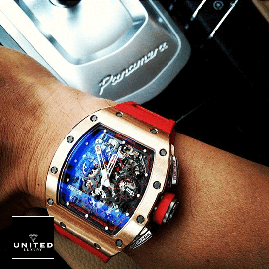 Richard Mille RM 011 Richard Mille RM011 Gold Bezel Red Demon Han Replica on the man wrist