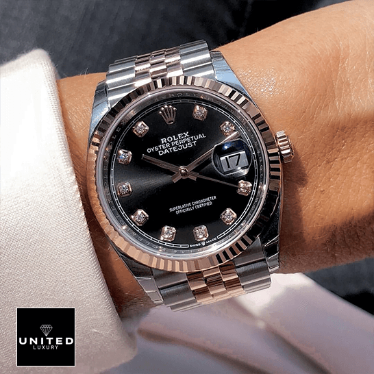 Rolex Datejust 126231 Everose Two-Tone Perfect Clone Quality Rolex Diamond 126231 Black Dial Replica on the wrist