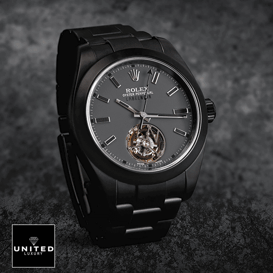 Rolex Milgauss 116400 Rolex Label Noir Black Bezel Replica and black background