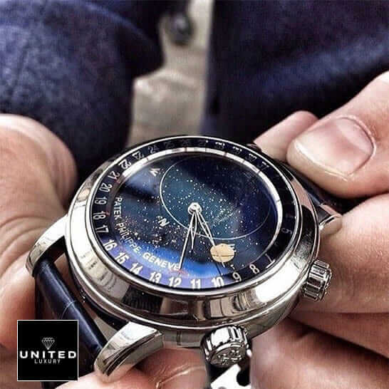 Patek Philippe Celestial Grand 6102 Blue Dial Replica on the man hand