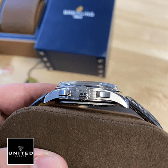 Breitling Premier Chronograph AB0118221G1P1 Breitling AB0118221G1P1 Premier Steel Case Replica side view on the stand