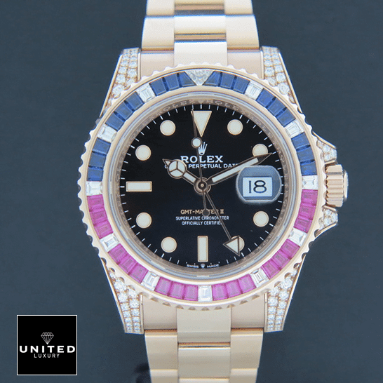 Rolex GMT-Master II 126755SARU Rolex GMT-Master II 126755SARU Replica dial is black with stick and dot indices