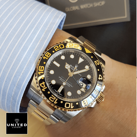 Rolex GMT-Master II 126711CHNR under the shirt Rolex GMT-Master II 116713 Two Tone Oyster Replica on his arm