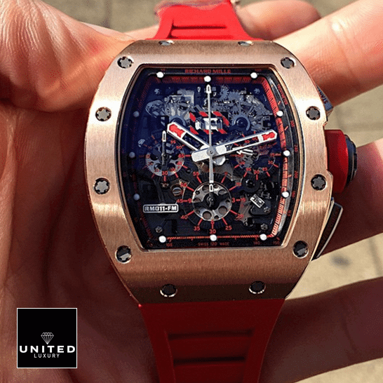Richard Mille RM 011 Richard Mille RM011 Red Bracelet Gold Bezel Black Dial Replica on the hand