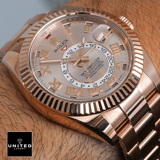 Rolex Sky-Dweller 326935 Rolex Sky Dweller Everose Gold Stainless Steel 326935 On his wrist Replica