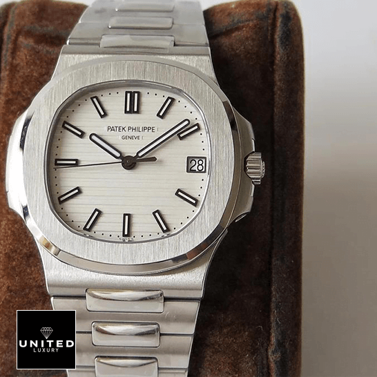 Patek Philippe Nautilus 5711/1A-011 Patek Philippe Geneve Nautilus 57111A-011 White Dial Replica on the stand